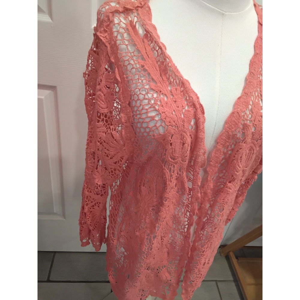 Fever Coral Pink Floral Crochet Lace Open Front Cardigan XL Cotton Boho Layering - Picture 2 of 7